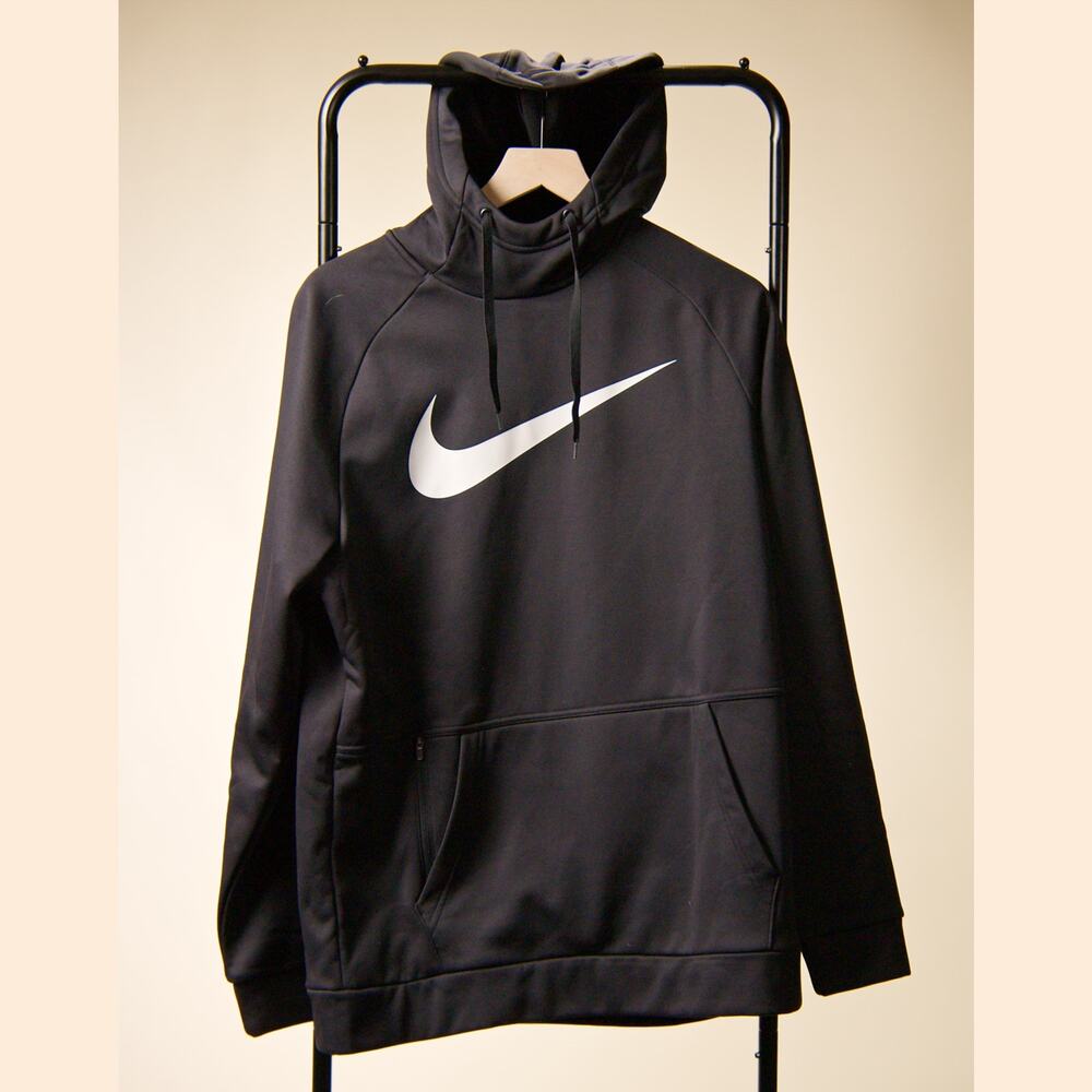 Nike Therma-FIT Men's M Black White Big Swoosh Pullover Hoodie Athletic